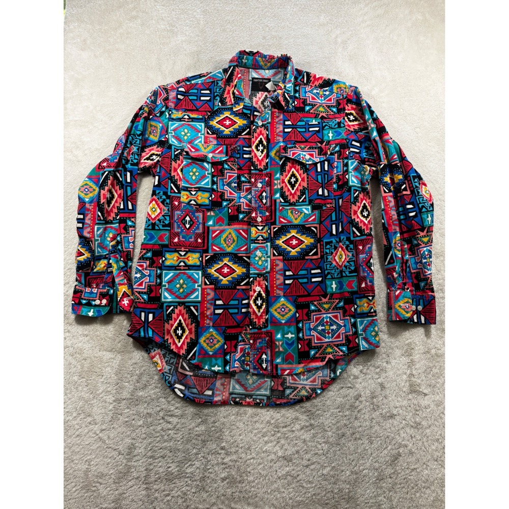 Frontier Series Mens Aztec Southwestern Geometric Multicolor Button Shirt Tag L